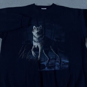 VINTAGE 90s Artisans Wolf Sweatshirt Mens XL Navy Crewneck Graphic Pack Creek